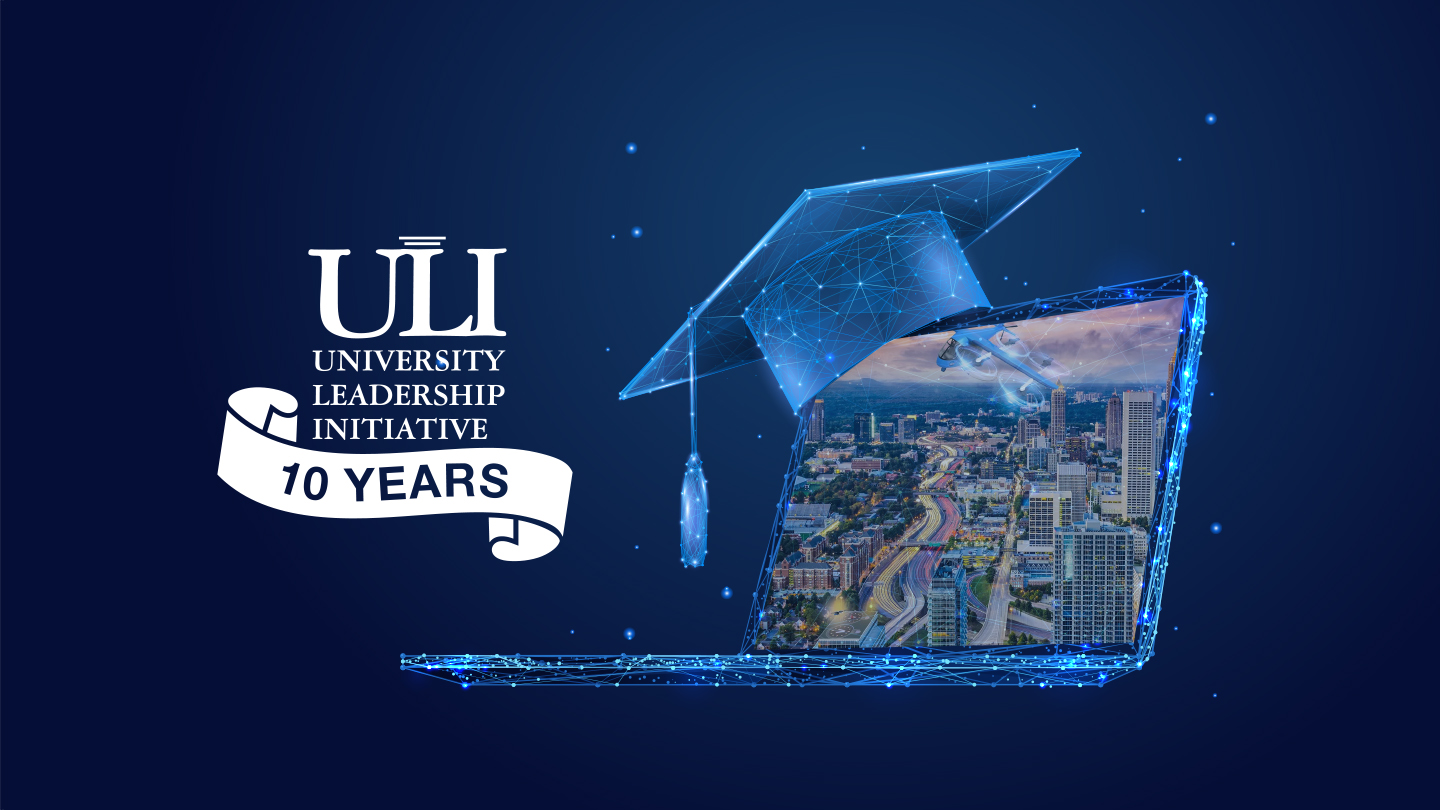 ULI 10 Years: the University Leadership Initiative logo beside a stylised laptop displaying an aerial city view with advanced air mobility aircraft in flight.